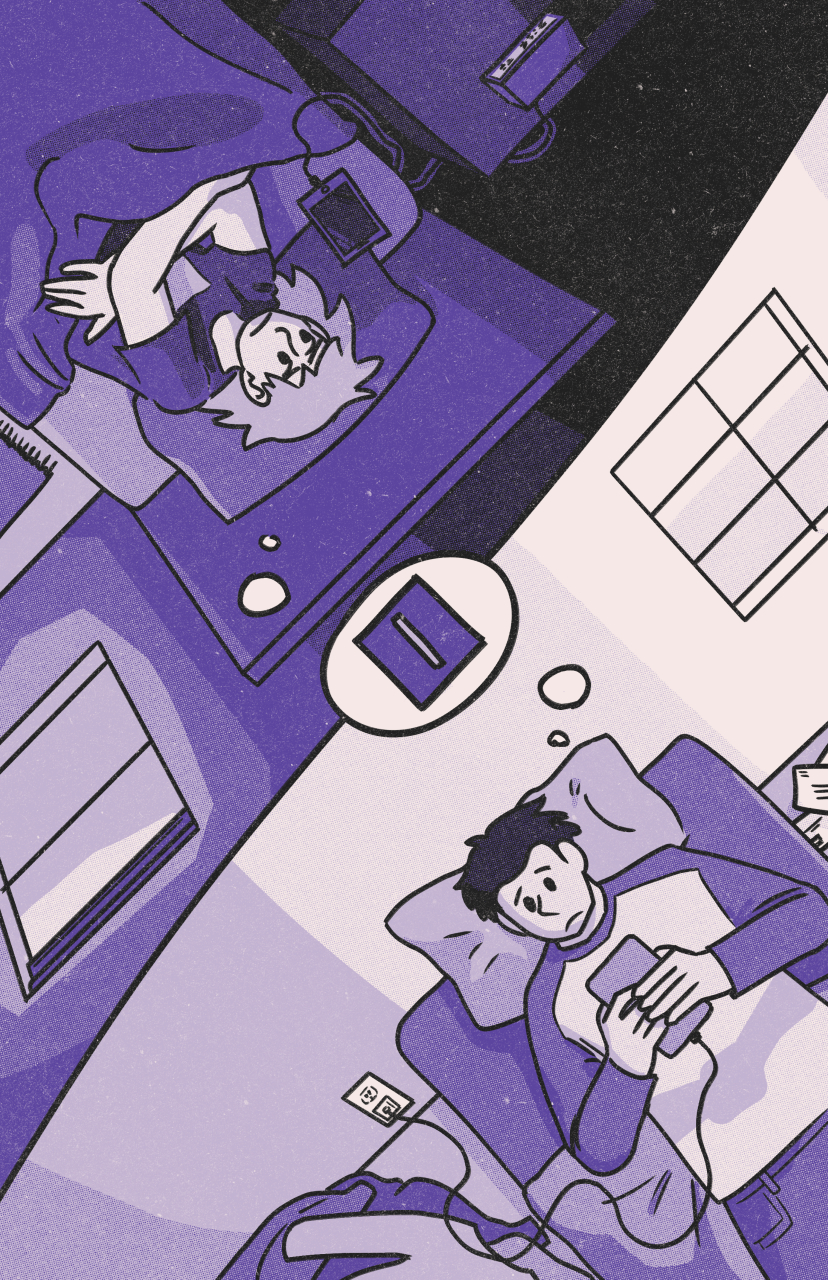 Illustration split diagonally with both halves depicting two different characters lying in bed looking at their phones